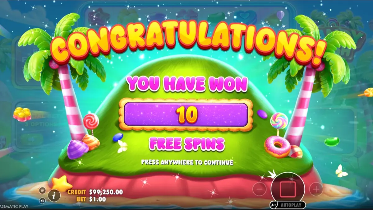 Tampilan visual cerah dan penuh warna dari slot Candy Rush dengan tema permen.