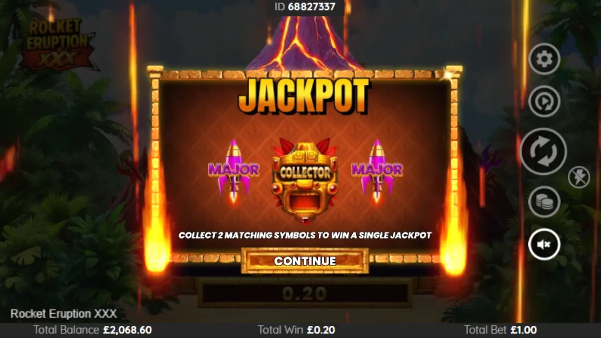 Tampilan visual slot Rocket Eruption XXX dengan tema gunung berapi dan roket.
